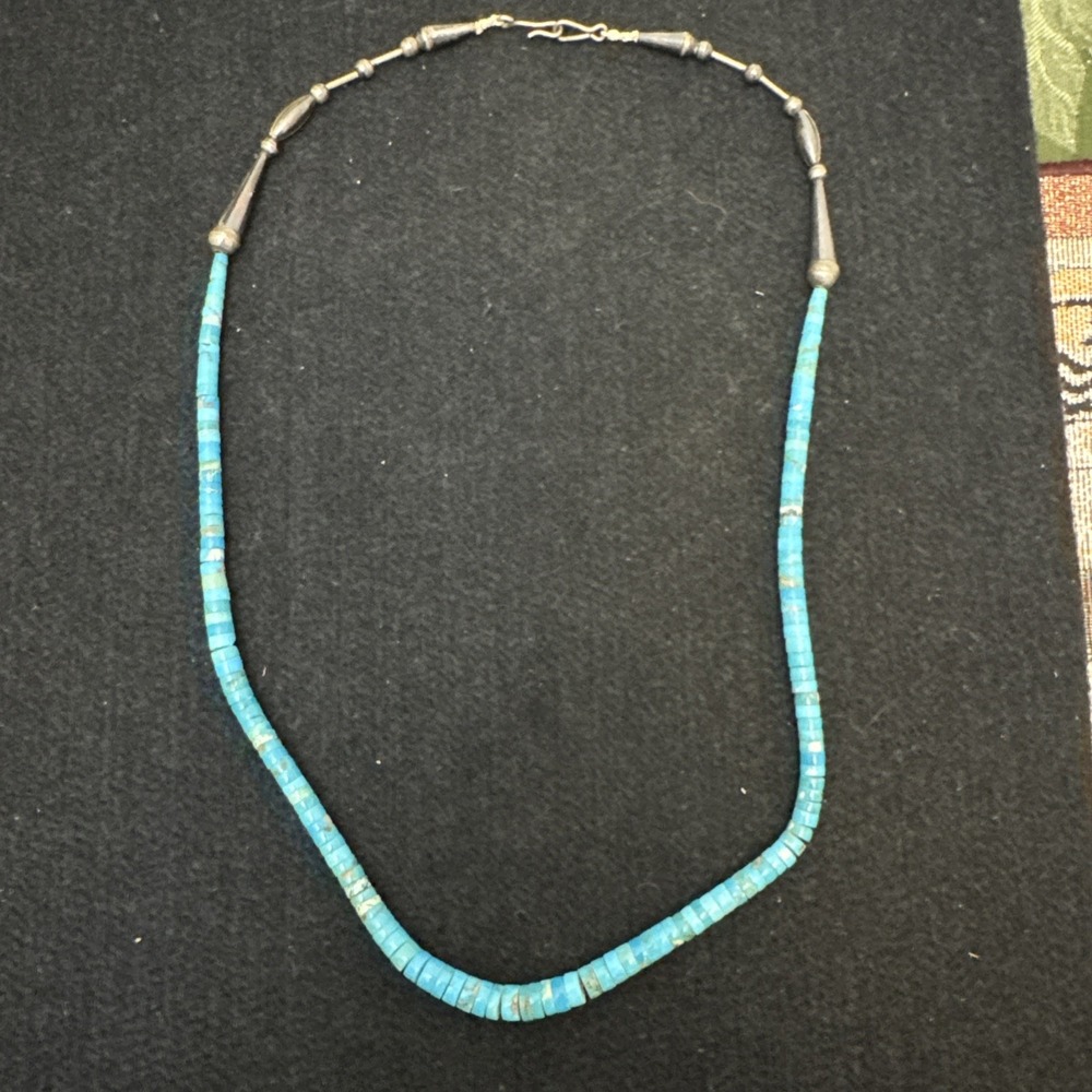 Vintage Native American Southwest Turquoise Heishi Beaded Sterling Necklace 26"